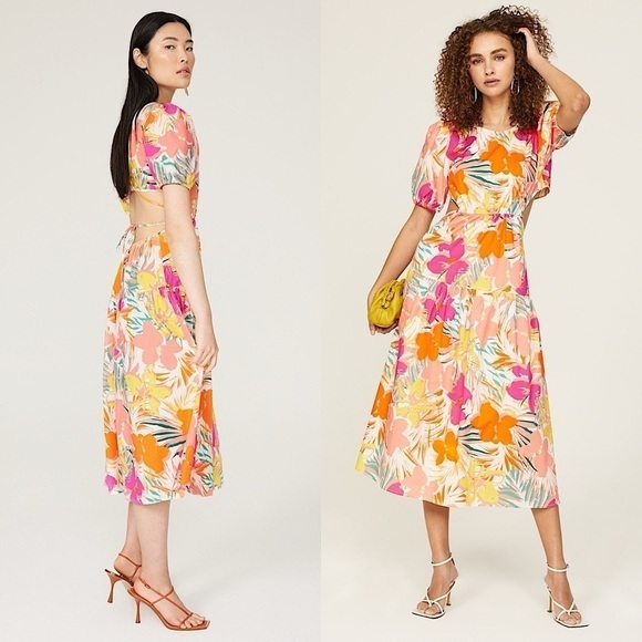 PETER SOM Tropical Floral Puff Short Sleeve Back Cutout Ruffle Tier Midi Dress 2 - Picture 2 of 8